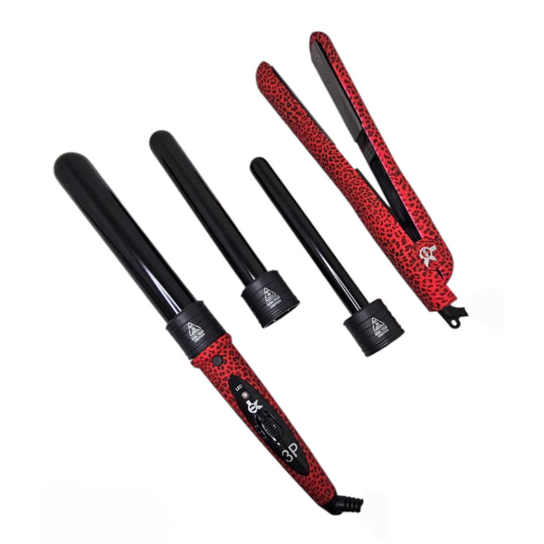 KOR Pink Cheetah Hair Styling Kit Straightener Curler & Iron 3 Years warranty