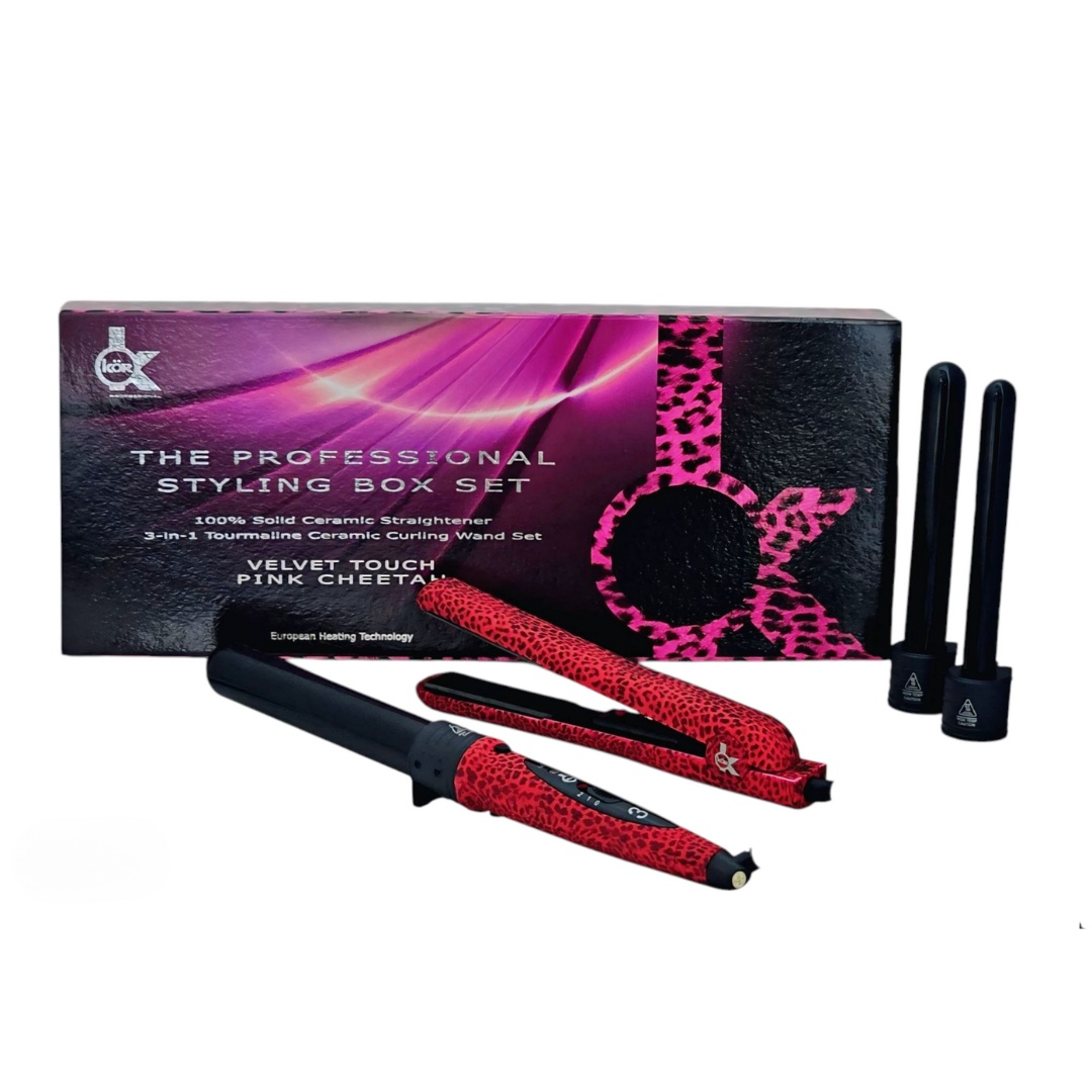 KOR Pink Cheetah Hair Styling Kit Straightener Curler & Iron 3 Years warranty